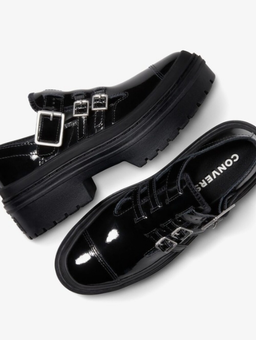 Converse Chuck Taylor All Star Lugged Heel Mary Jane Platform Shoe- Black Patent - Picture 1 of 12